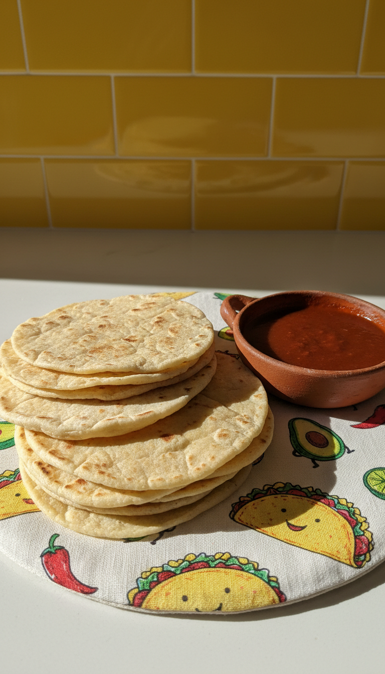 A stack of soft, homemade tortillas slightly offset and fanned out, revealing their pillowy texture with subtle golden char marks. The stack sits next to a small clay bowl filled with deep red chili sauce, both placed on a whimsical, rounded placemat featuring hand-drawn taco doodles. Behind them is a bright yellow tiled backsplash. Diffused midday sunlight bathes the scene, making the tortillas and sauce appear extra inviting, with gentle rim lighting on their edges. The mood is warm, homey, and irresistibly playful, with an emphasis on texture and color. Photographed at countertop level with a shallow depth of field, the focus remains on the tactile deliciousness of the tortillas, aligning with a fun, vibrant photographic style.